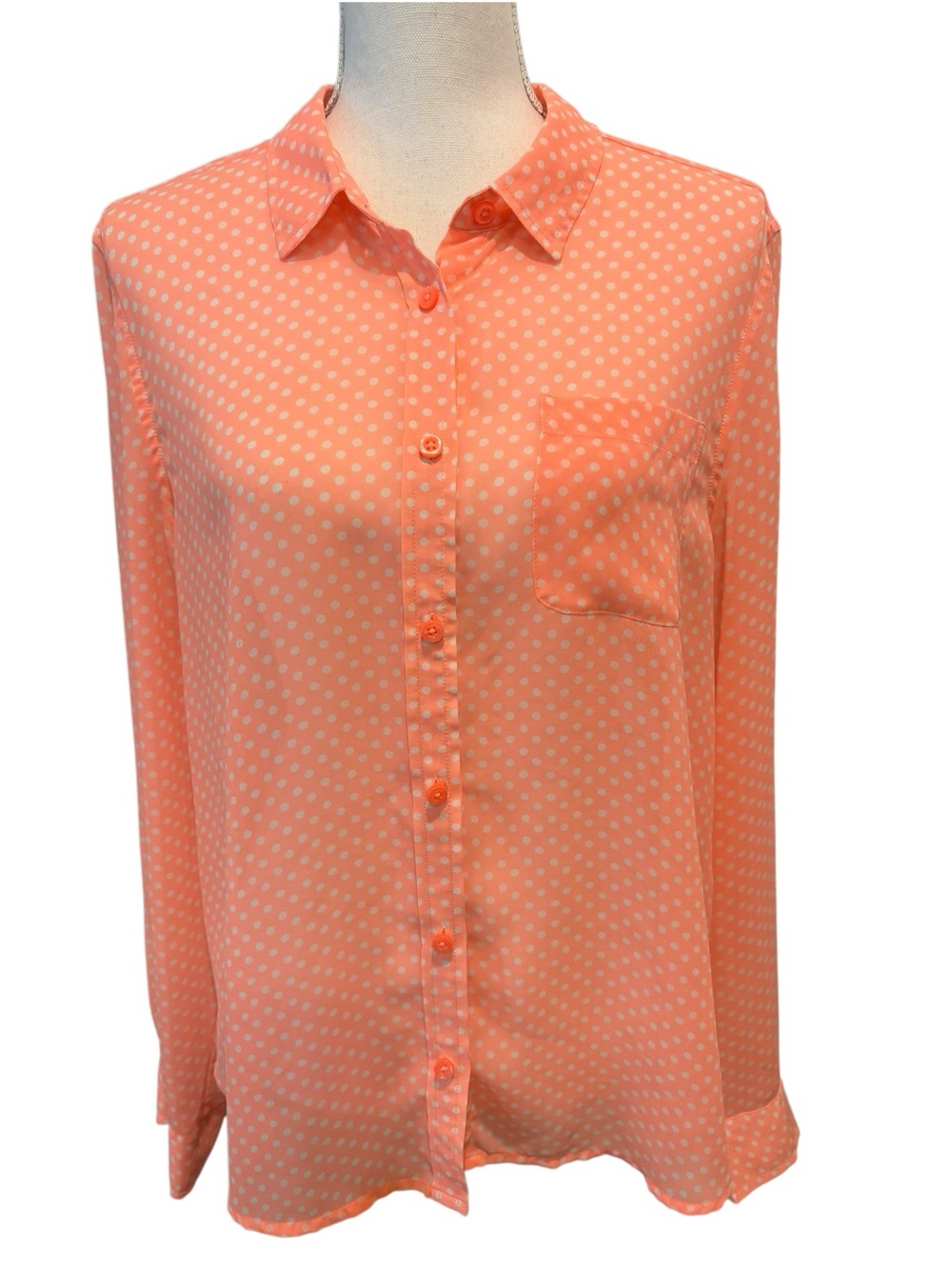 American Eagle Sheer Coral Polka Dot Button Up Blouse. Size XL